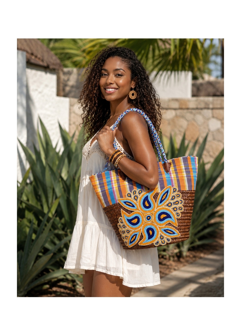 Handmade African Beaded Woven Basket Tote Plaid Market Beach Bag‎